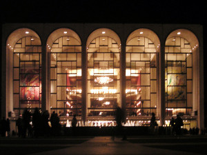 Photograph of the facade of the Metropolitan Opera House at Lincoln Center, New York. Taken on 12 March 2004 by Paul Masck and released with a Creative Commons license on 30 July 2005 by the photographer.